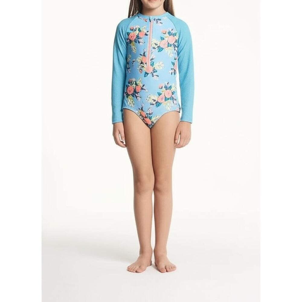 Cat‎ & Jack Rash Guard Girls Size M 7/8 Blue Floral Long Sleeve Sun Protective